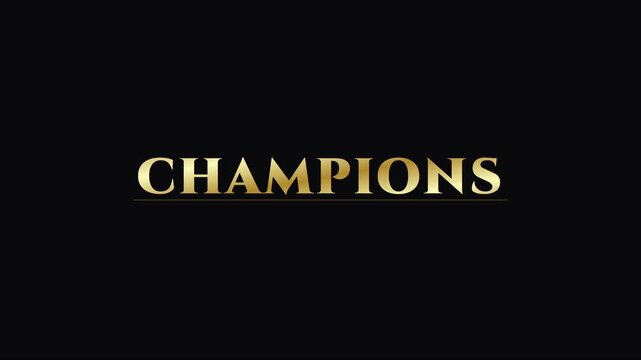 Champions gold text animation on 4k black background, for ceremony and, sports victory luxury