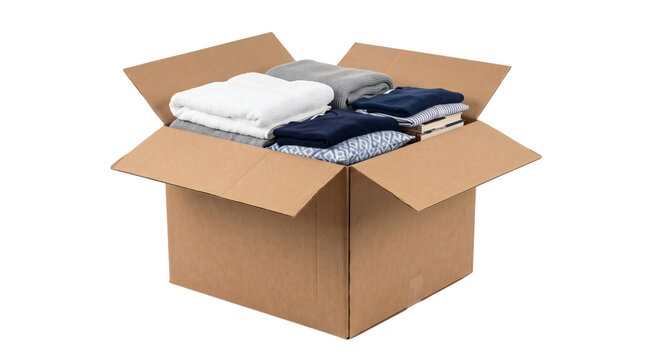 Open cardboard box filled with neatly folded laundry, white and grey t-shirts and socks inside, isolated on white background for storage or donation concept