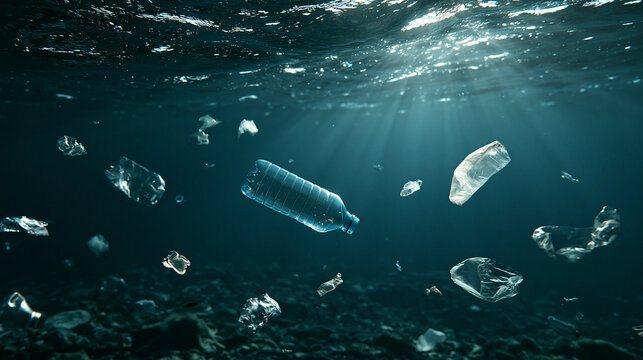 Exclusive photo of Plastic bottles and trash floating in deep dark ocean water. A conceptual shot for marine pollution and environmental conservation campaigns.