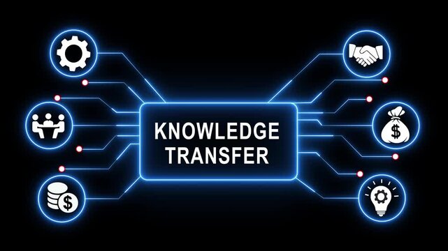 Knowledge transfer business concept animation with glowing blue circuit lines, and data exchange networks illustrating training, skill sharing, corporate learning, and modern education strategies