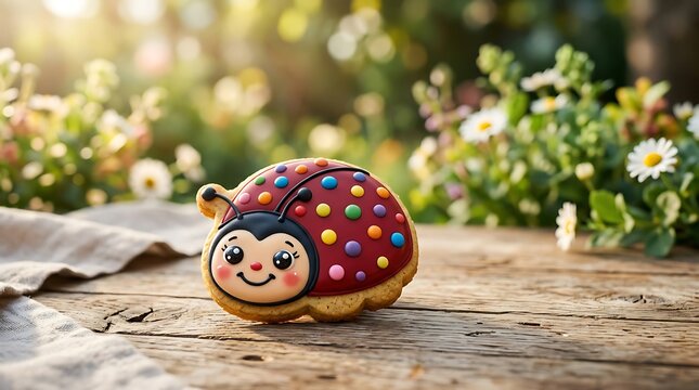 A cute ladybug shaped cookie decorated with colorful candy dots on a rustic wooden table in a garden.