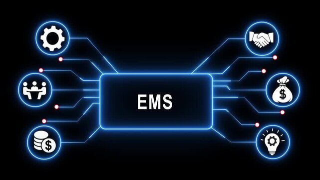 Enterprise management system ems glowing blue digital network diagram infographic animation featuring corporate strategy connectivity data flow solutions background