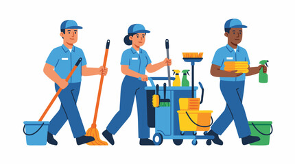 Fototapeta premium Professional Cleaning Team Illustration Featuring Three Janitors in Blue Uniforms with Mops, Buckets, Spray Bottles, and a Service Trolley, Flat Vector Design for Commercial Housekeeping Services.