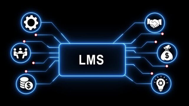 Comprehensive learning management system lms concept animation featuring glowing blue neon circuit board networks connecting essential corporate training and education on a dark background