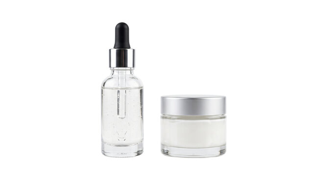 Minimalist Kosher clear glass skincare bottles on white background. Glass serum dropper and cream jar mockup. Beauty packaging packaging, cosmetic design concept
