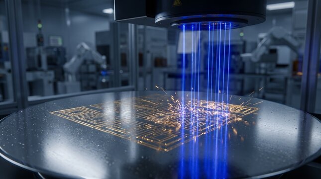 Industrial robotic laser engraving machine marks intricate geometric patterns onto a metallic plate within a clean modern automated manufacturing factory environment