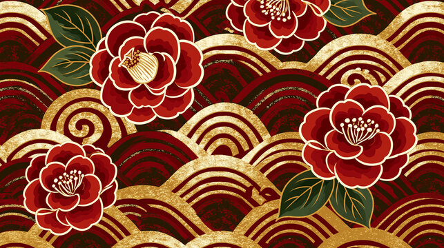Exclusive photo of Red camellia flowers with golden wave patterns in a traditional Japanese style. Perfect background for luxury invitations, holiday cards, and festive oriental.