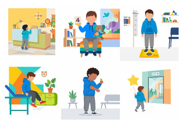 Fototapeta premium Collection of flat illustrations showing a child's visit to a pediatric clinic for a medical checkup, including reception, weight measurement, examination, and vaccination.
