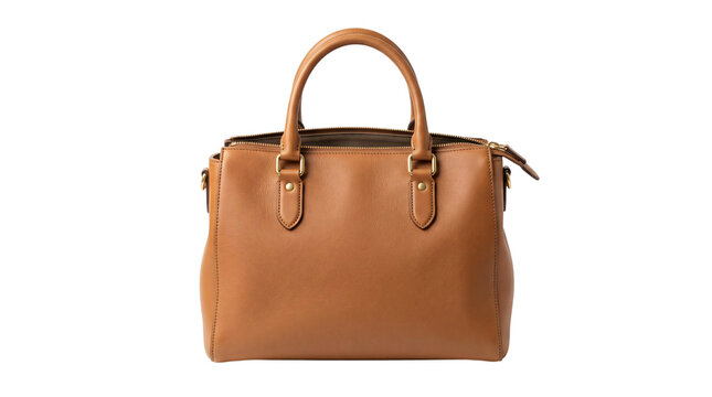 Brown leather handbag on white background for copy space. Elegant camel tote bag with gold hardware. Stylish women's accessory design template.