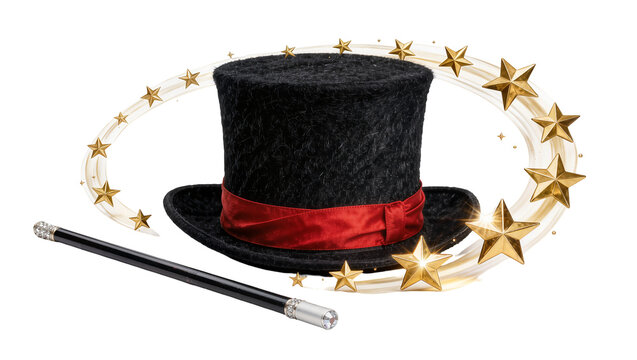 Black top hat with red ribbon and magic wand, surrounded by golden stars isolated on transparent background