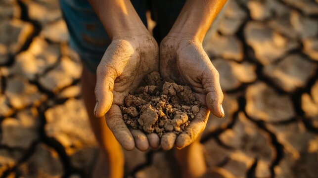 dry hands holding cracked earth, drought emergency generative ai