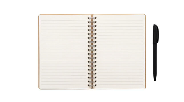Open lined notebook with black pen isolated on white background. Stationery set for journaling, planning, note taking, studying, and writing with empty copy space.