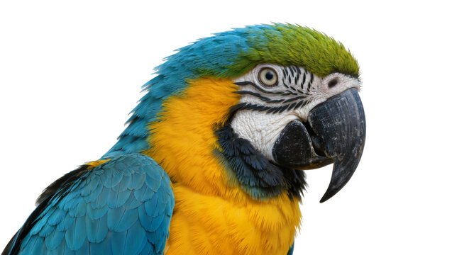 Close-up profile of a blue and yellow macaw parrot head, isolated on transparent background