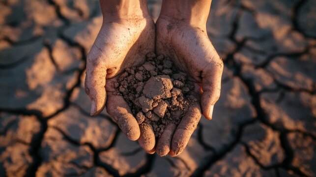 dry hands holding cracked earth, drought emergency generative ai