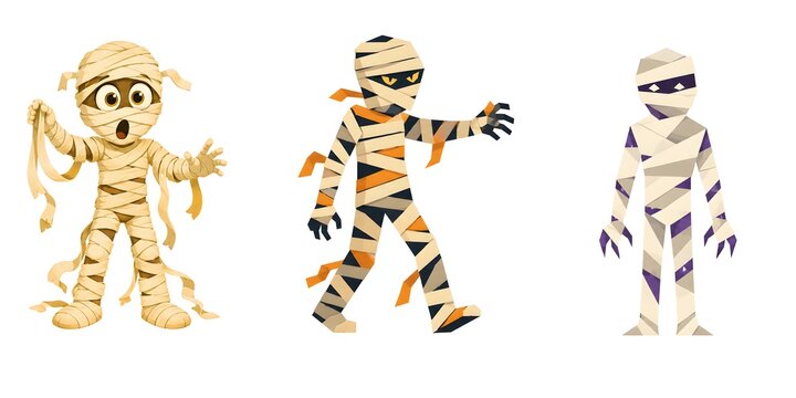 Halloween mummy characters, spooky cartoon monsters, ancient undead set