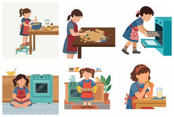 Fototapeta premium Little girl baking homemade cookies and star-shaped biscuits in the kitchen, flat vector illustration collection.