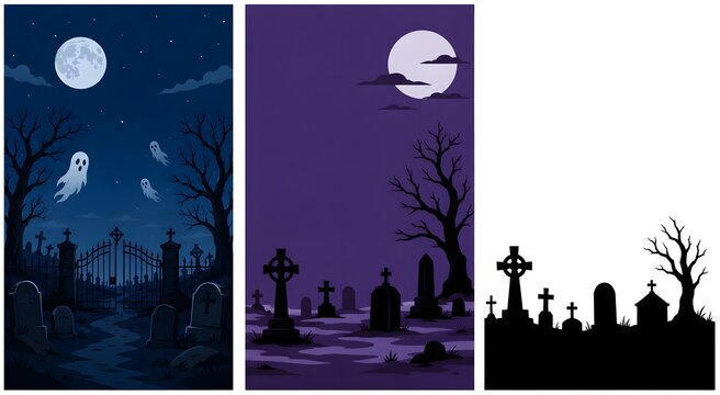 Spooky Halloween graveyard banners, haunted cemetery backgrounds with ghosts