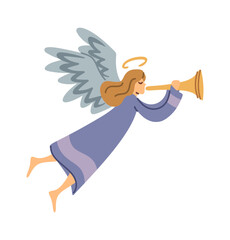 Fototapeta premium Angel Blowing Trumpet Christmas Cartoon