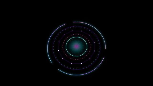 Abstract glowing circular digital interface with neon lines and data points video