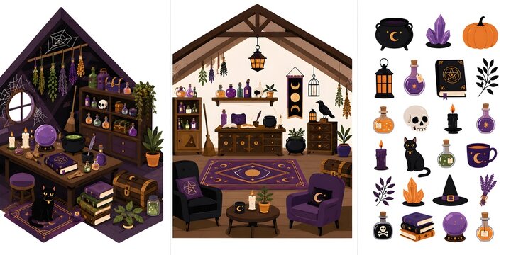 Witchy room interior set, mystical attic illustrations, magic occult icons