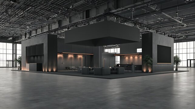 Modern dark exhibition stand with minimalist design and warm lighting in a spacious hall. Ideal for corporate trade shows and product presentations.