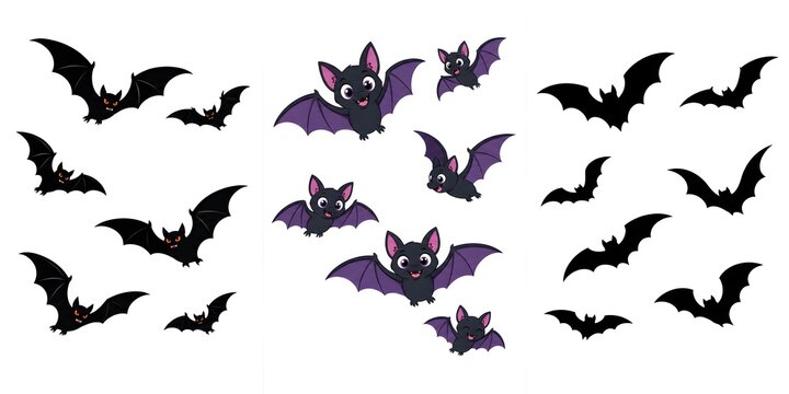 Halloween bat collection, spooky flying bat silhouettes, cute cartoon bat set