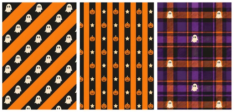 Halloween seamless patterns set, orange and purple holiday backgrounds, 3 pack