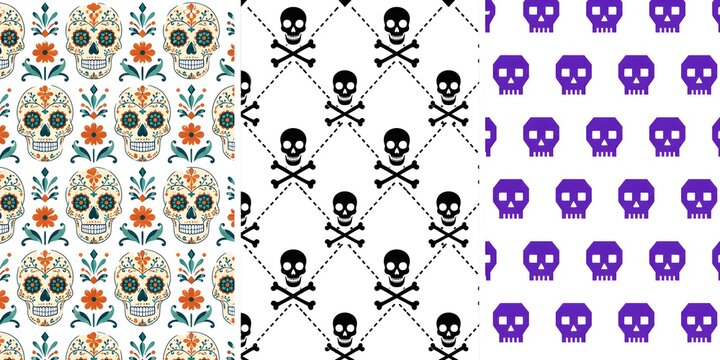 Mexican sugar skull patterns, Halloween skull backgrounds, 3 seamless textures