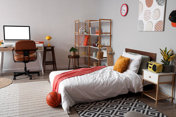 Teenagers bedroom with study area, modern interior design for youth, comfortable living space with desk and bed © Pixel-Shot