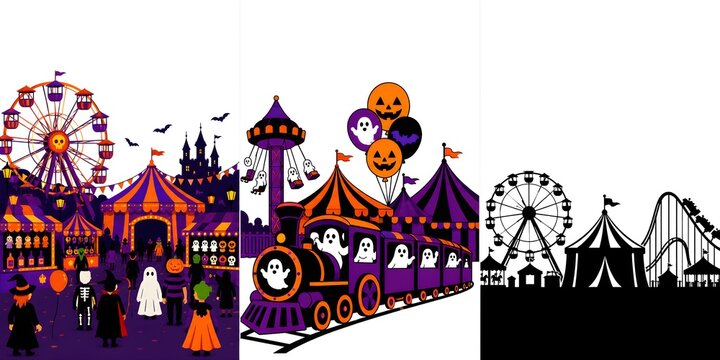 Halloween carnival illustrations, spooky amusement park set, haunted fairground