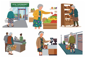 Fototapeta premium Senior Woman Grocery Shopping at Local Supermarket Flat Illustration Set