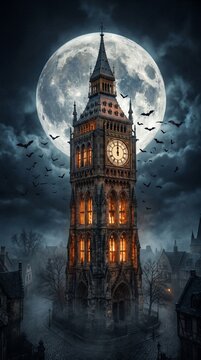 Big ben clock tower at night with a large full moon and flying bats in the dark cloudy sky