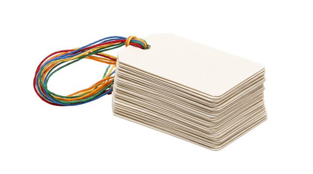 Blank white paper tags with colorful strings, stack of cardboard price labels for retail, empty hanging gift tags on white background
