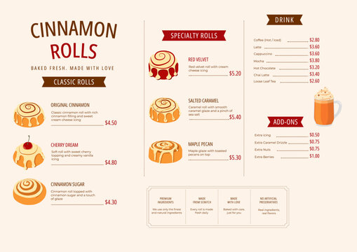 Cinnamon Roll Bakery Cafe Menu Template with Hand Drawn Food Illustrations