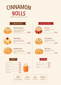Modern Cinnamon Roll Bakery Cafe Menu Template with Food Illustrations