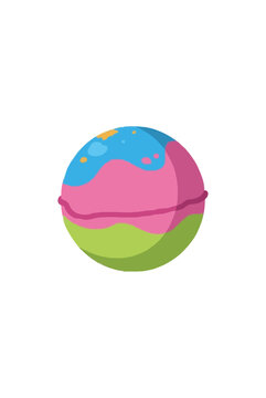 Colorful hand-traced vector illustration of a spherical bath bomb with pink, green, and blue swirled layers and decorative dots, perfect for spa and beauty graphic design projects