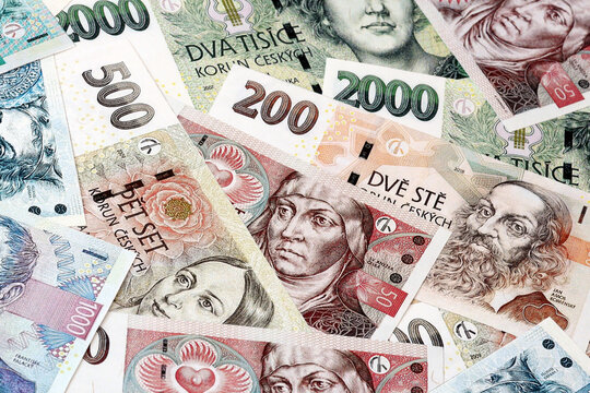 Czech koruna money bills in pile on table. Czech Republic CZK currency cash close up