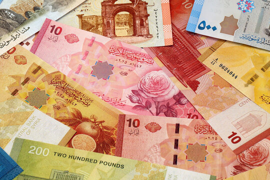 Syrian pound money bills in pile on table. Syria SYP currency cash close up