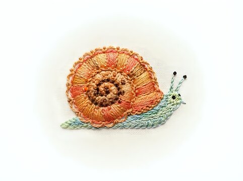 Embroidered snail with orange shell and green tentacles on white