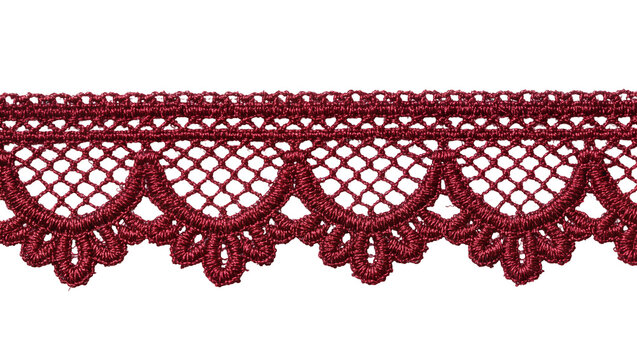 Deep red ornate lace trim with scalloped edge, isolated on transparent background