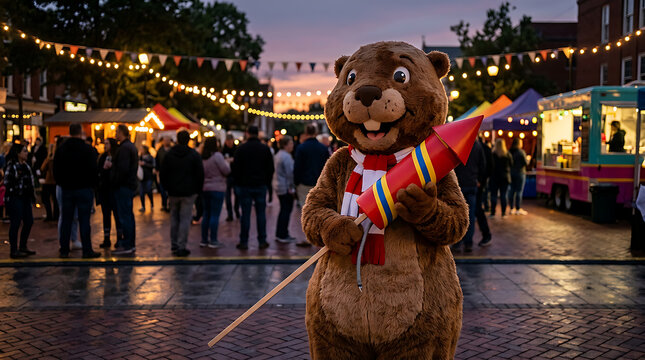 Costumed mascot holding colorful flags at festival.