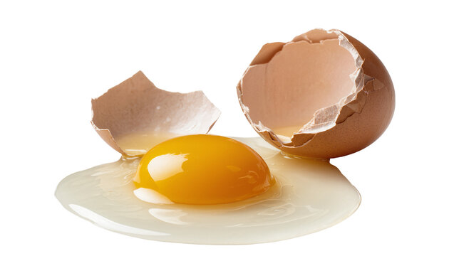 Broken brown egg with bright yellow yolk and white albumen, isolated on transparent background