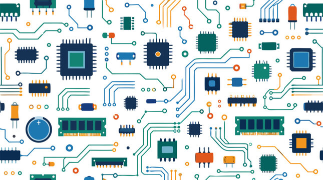 Seamless motherboard technology pattern with colorful electronic chips, circuit traces, capacitors, resistors, and microprocessors on a clean white background