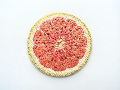 Fresh grapefruit slice cross-section with pink flesh and white pith