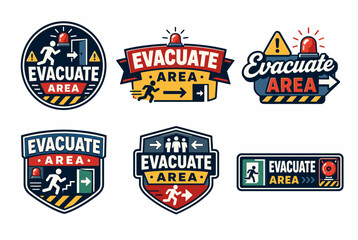 Naklejka premium Evacuate area safety signs collection communicating emergency exit information and hazard alerts, featuring running people, arrows, and alarm symbols for quick guidance