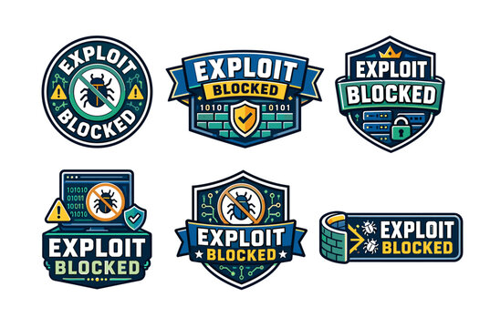 Set of exploit blocked badge designs illustrating robust cybersecurity measures, data protection, and network security against malware and digital threats