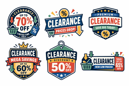 Clearance sale labels vector set featuring discount badges, stickers and tags for retail marketing, price drops, seasonal promotions, special offers and big savings banners