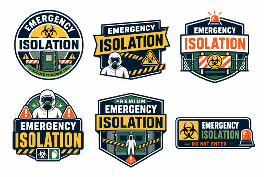 Emergency isolation concept designs showing biohazard warnings, restricted access, quarantine zones, protective gear, and authorized personnel only signage for virus and disease control