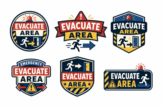 Evacuate area emergency safety signs collection with exit symbols, running person icons, warning triangles, siren lights, and arrows indicating direction for quick evacuation