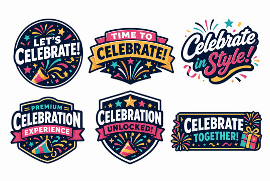 Collection of vibrant celebration badges with typography, fireworks, confetti, and party poppers, creating a festive atmosphere for events and special occasions